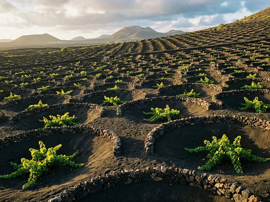 Volcanic vineyard of La Geria in Lanzarote, home of the Canarian wines in the Bésame Mucho cellar